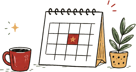 A desk calendar with Sunday marked, a mug of coffee and a plant