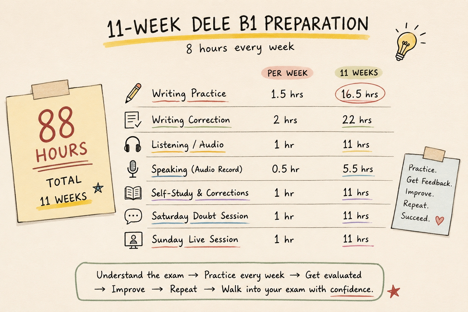 11-week DELE preparation, 8 hours every week: writing practice 1.5 hrs per week and 16.5 hrs over 11 weeks; writing correction 2 hrs and 22 hrs; listening/audio 1 hr and 11 hrs; speaking audio record 0.5 hr and 5.5 hrs; self-study and corrections 1 hr and 11 hrs; Sunday doubt session 1 hr and 11 hrs; Sunday live session 1 hr and 11 hrs. 88 hours total over 11 weeks.