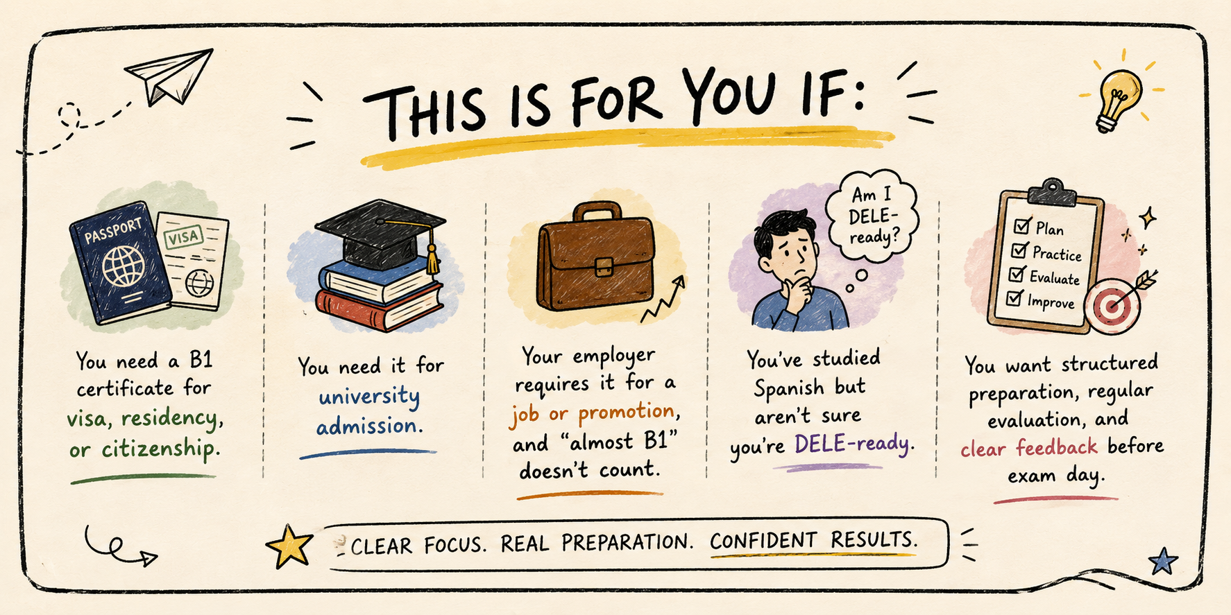 This is for you if: you need a B1 certificate for visa, residency or citizenship; you need it for university admission; your employer requires it for a job or promotion; you've studied Spanish but aren't sure you're DELE-ready; you want structured preparation, regular evaluation and clear feedback before exam day.