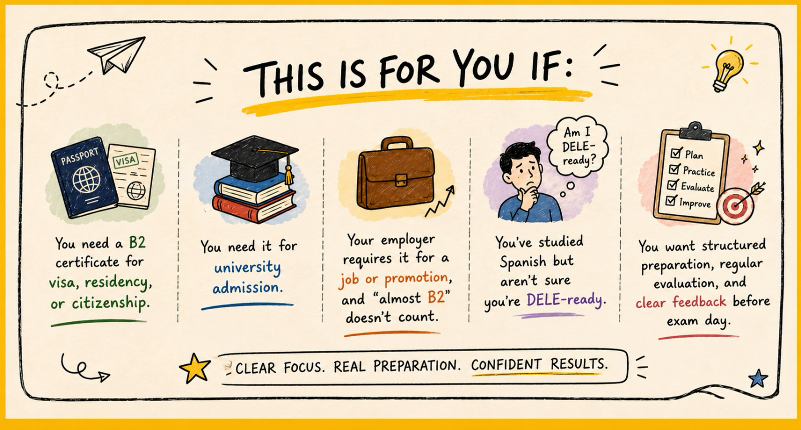 This is for you if: you need a B2 certificate for visa, residency or citizenship; you need it for university admission; your employer requires it for a job or promotion and &ldquo;almost B2&rdquo; doesn't count; you've studied Spanish but aren't sure you're DELE-ready; you want structured preparation, regular evaluation and clear feedback before exam day.